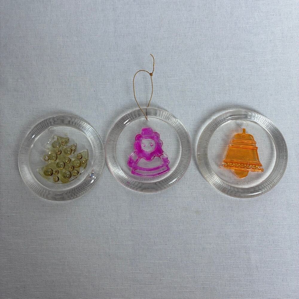 Vintage Plastic Christmas Ornaments Suncatchers Lot 3 Bell Tree Angel Hong Kong